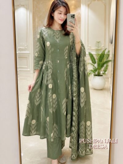 Pista Green Floral Printed Anarkali Kurta Pant Dupatta Set