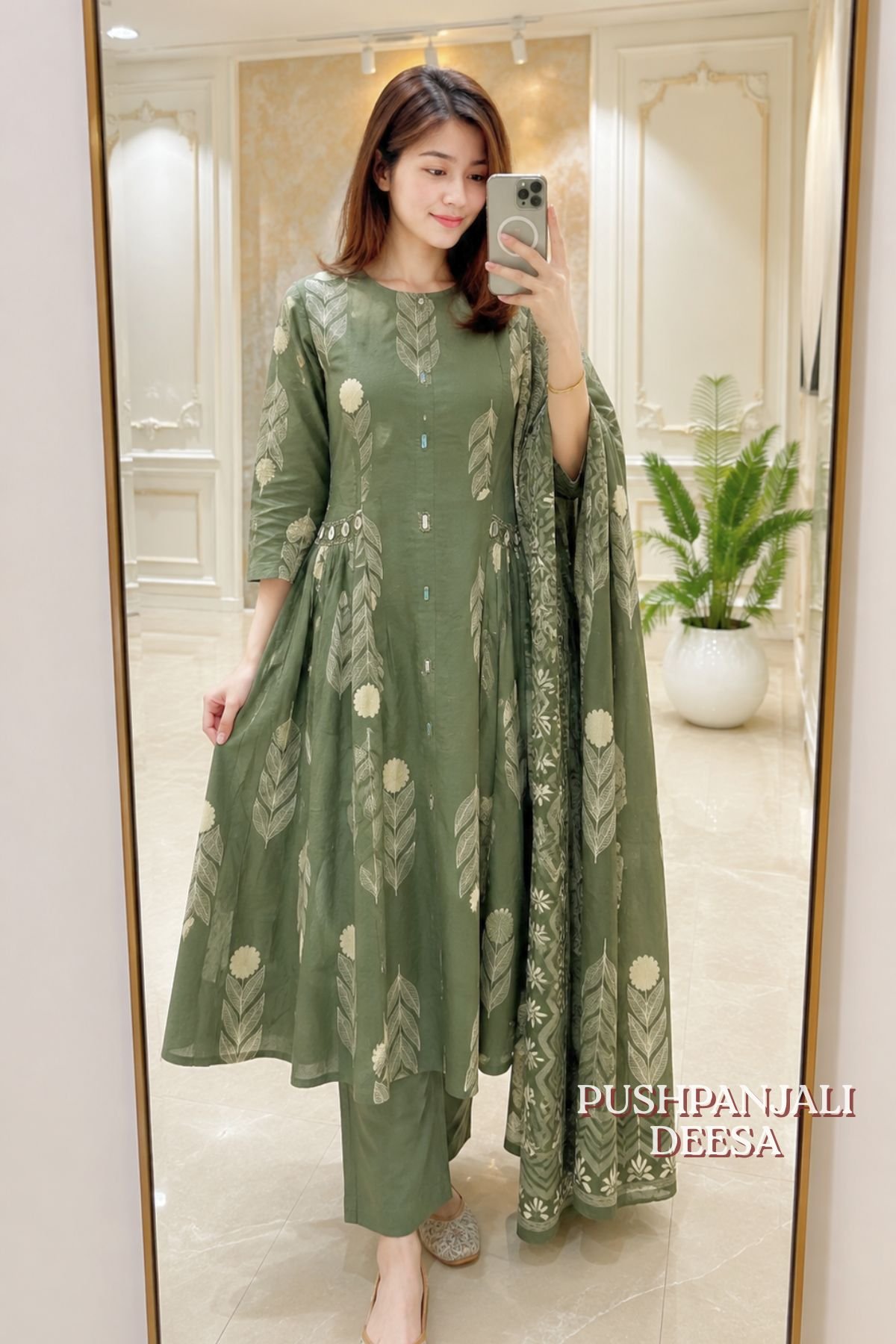 Pista Green Floral Printed Anarkali Kurta Pant Dupatta Set