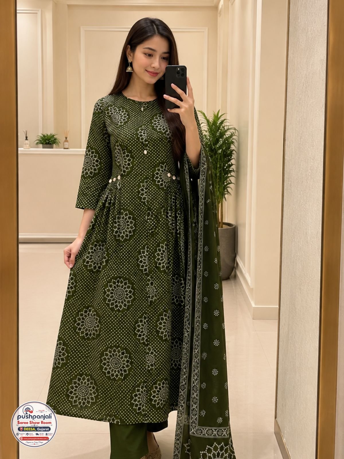 Chocolate Brown Floral Printed Cotton 3-Piece Ethnic Suit Set - Image 2