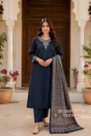 Navy Blue Gaggy 3-Piece Suit Set with Embroidered Kurta & Printed Dupatta