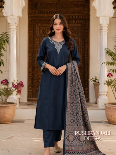 Navy Blue Gaggy 3-Piece Suit Set with Embroidered Kurta & Printed Dupatta