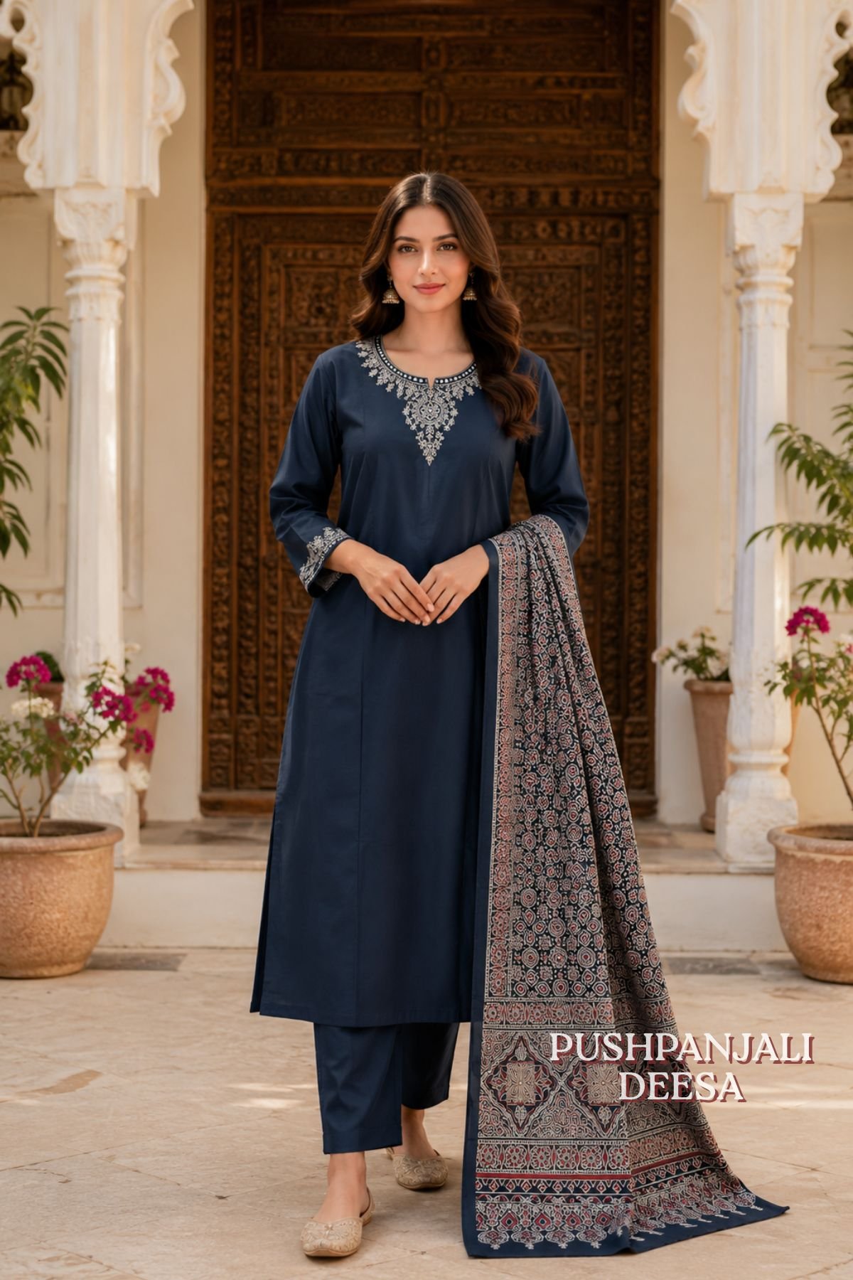 Navy Blue Gaggy 3-Piece Suit Set with Embroidered Kurta & Printed Dupatta