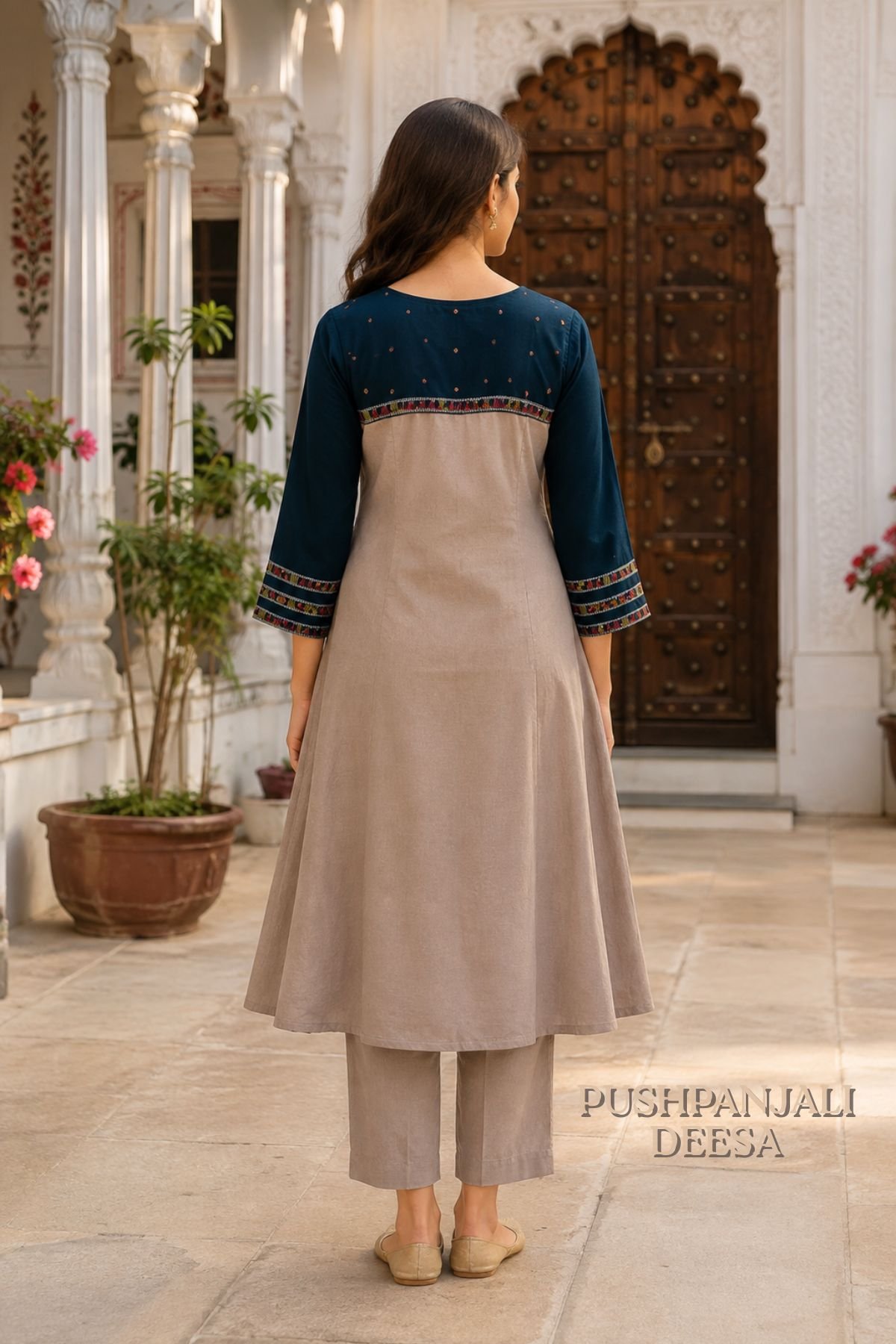 Navy Blue & Beige Pure Rayon 2-Piece Set - Image 2