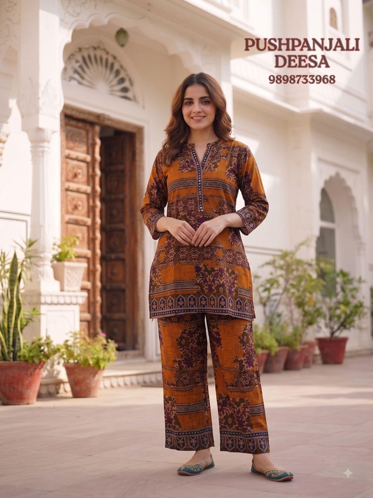 Rust Orange Printed Gaggy Silk 2-Piece Co-Ord Set