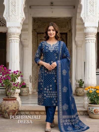 Navy Blue Bandhani Printed 3-Piece Set