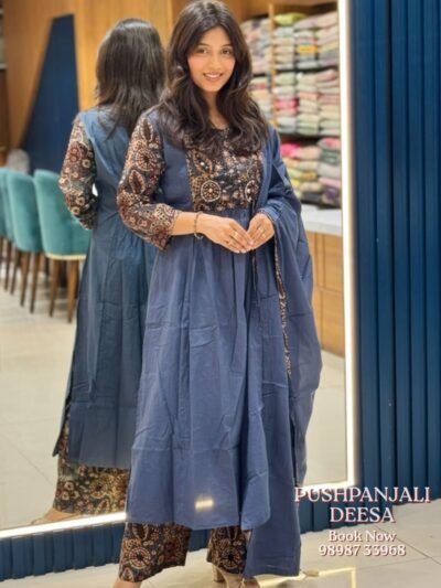 Blue Printed Cotton Kurti Set | Ethnic A-Line Kurta with Dupatta