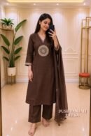 Chocolate Brown Embroidered Kurta Pant Dupatta Set