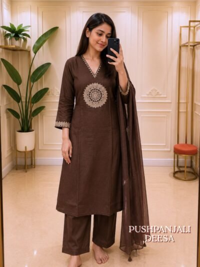 Chocolate Brown Embroidered Kurta Pant Dupatta Set