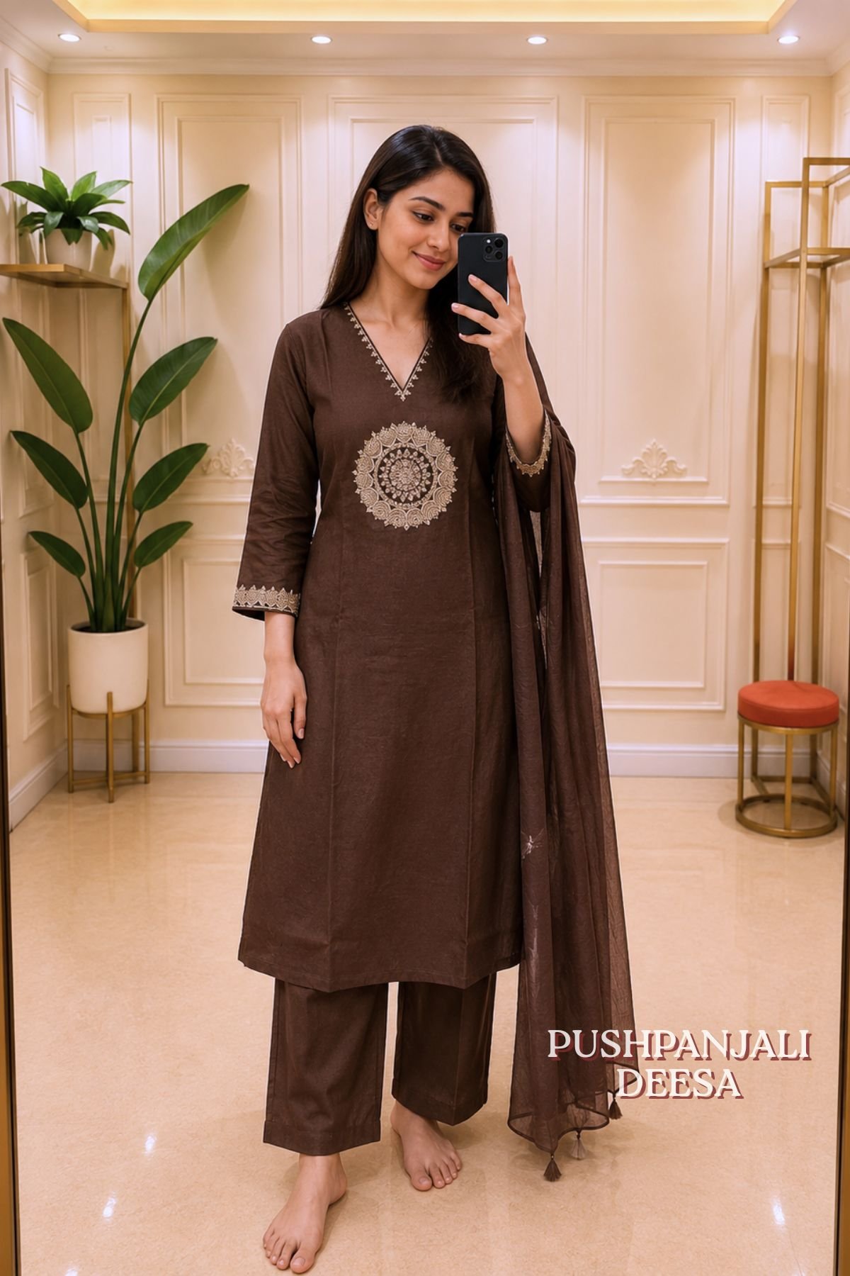 Chocolate Brown Embroidered Kurta Pant Dupatta Set