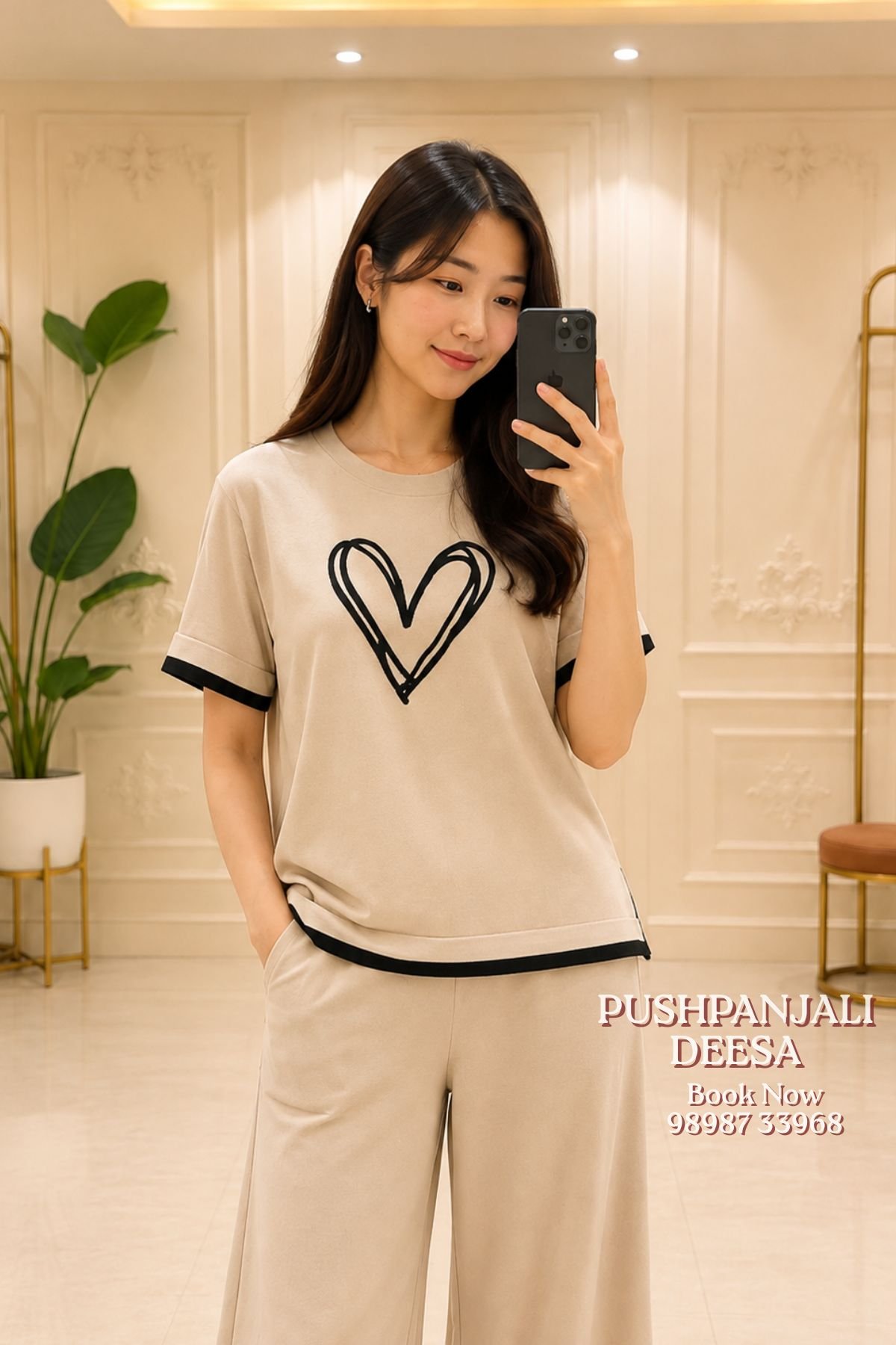 Butter White Heart Print Co-Ord Set | Premium Airport Look & Casual Wear - Image 2