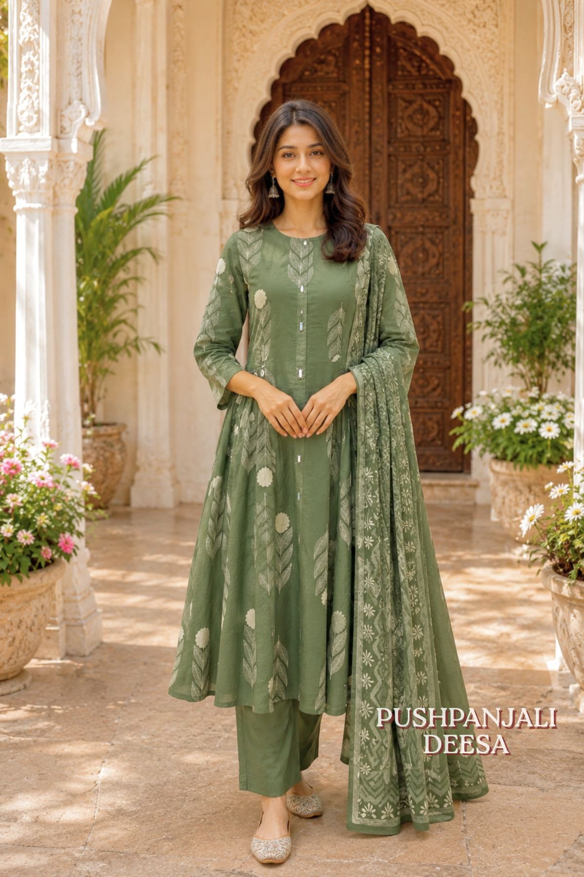 Pista Green Floral Printed Anarkali Kurta Pant Dupatta Set - Image 2