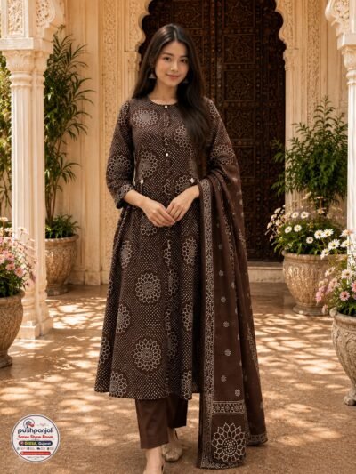 Chocolate Brown Floral Printed Cotton 3-Piece Ethnic Suit Set