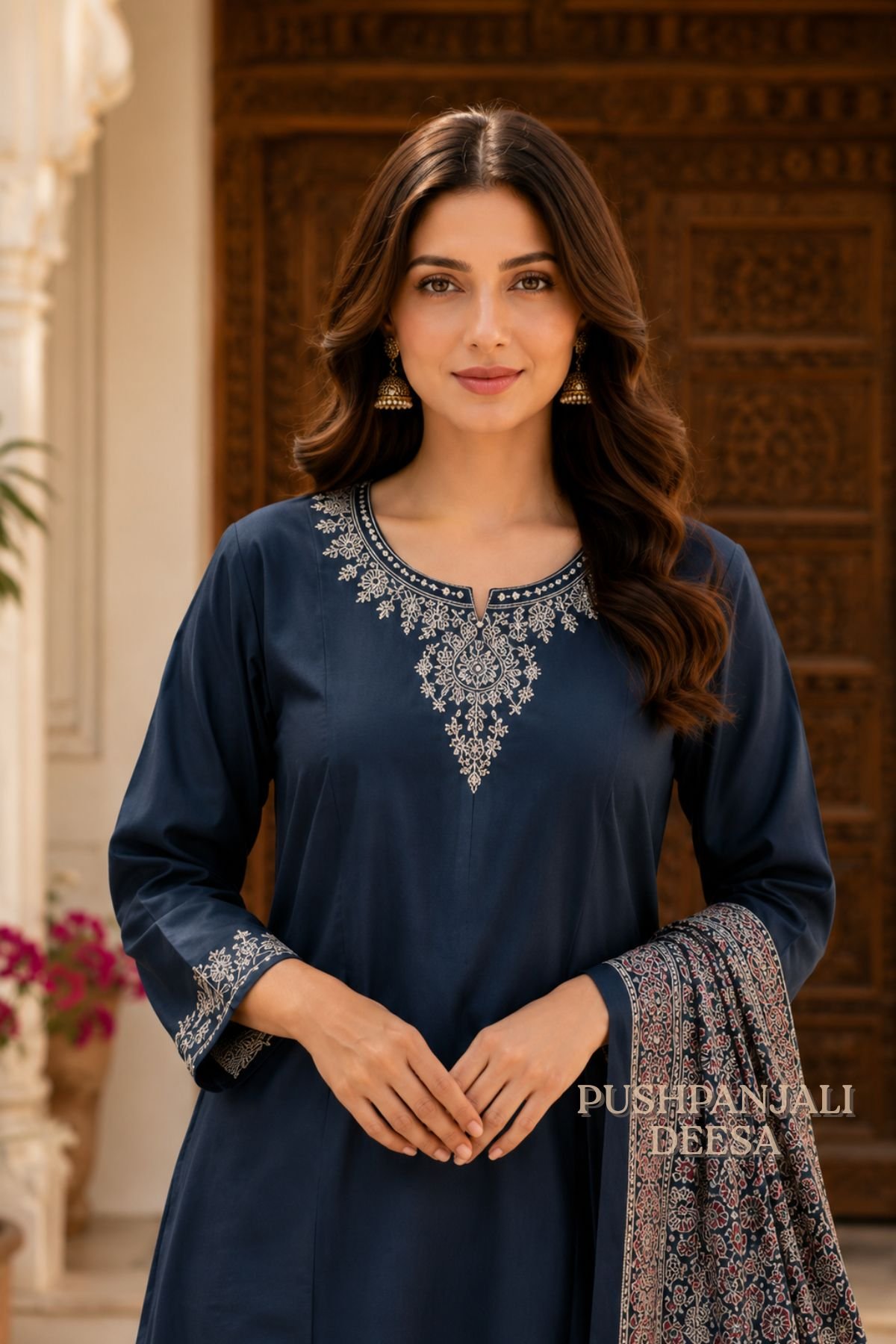 Navy Blue Gaggy 3-Piece Suit Set with Embroidered Kurta & Printed Dupatta - Image 2