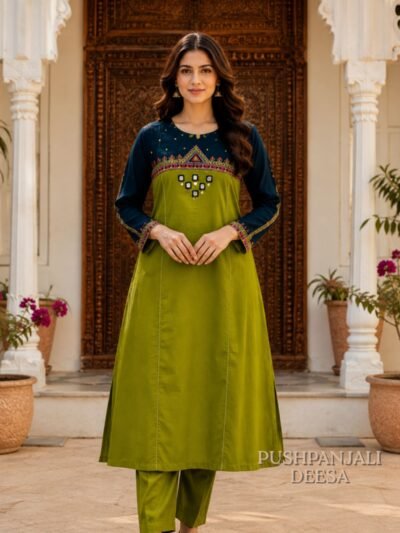 Olive Green & Navy Blue Pure Rayon 2-Piece Set
