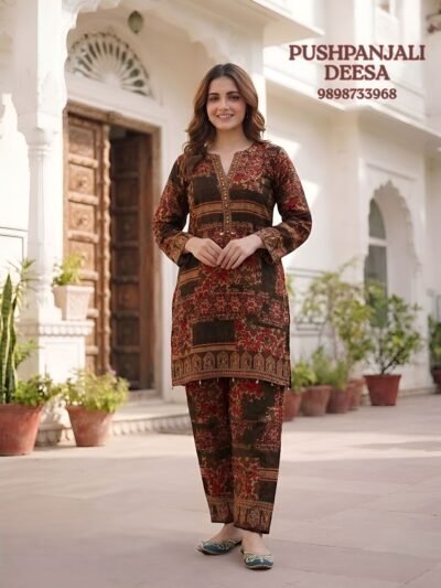 Red Brown Printed Gaggy Silk 2-Piece Co-Ord Set