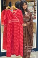 Red Printed Cotton Kurti Pant Set with Dupatta