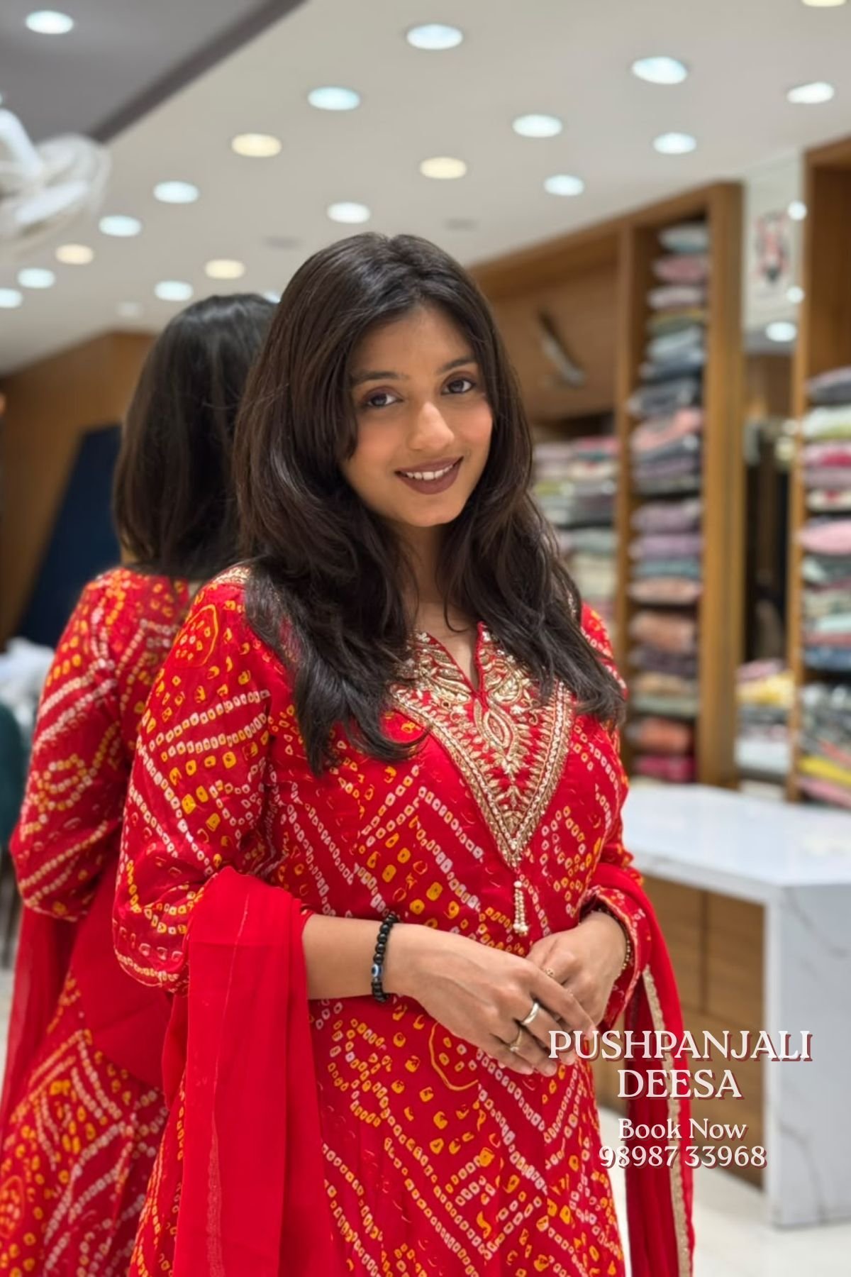 Red Bandhani Print Embroidered Anarkali Kurta Pant Dupatta Set - Image 2