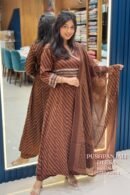 Brown Printed Cotton Kurti Pant Set with Dupatta