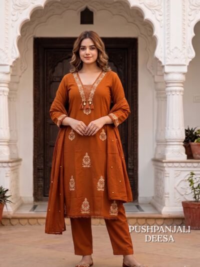 Rust Orange Embroidered 3-Piece Set