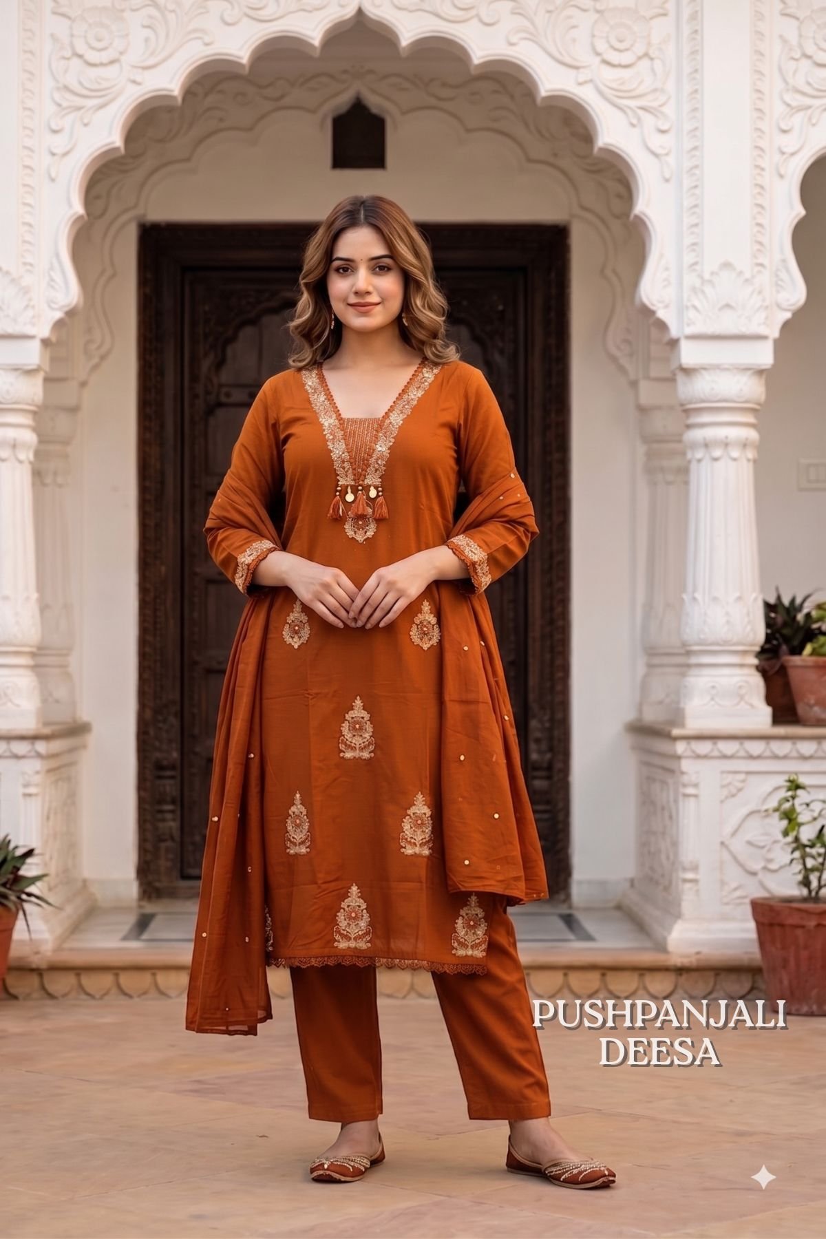 Rust Orange Embroidered 3-Piece Set