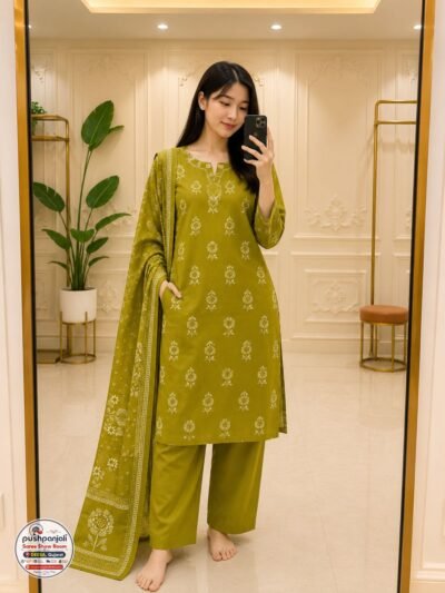 Olive Green Printed Kurta Pant Set with Dupatta