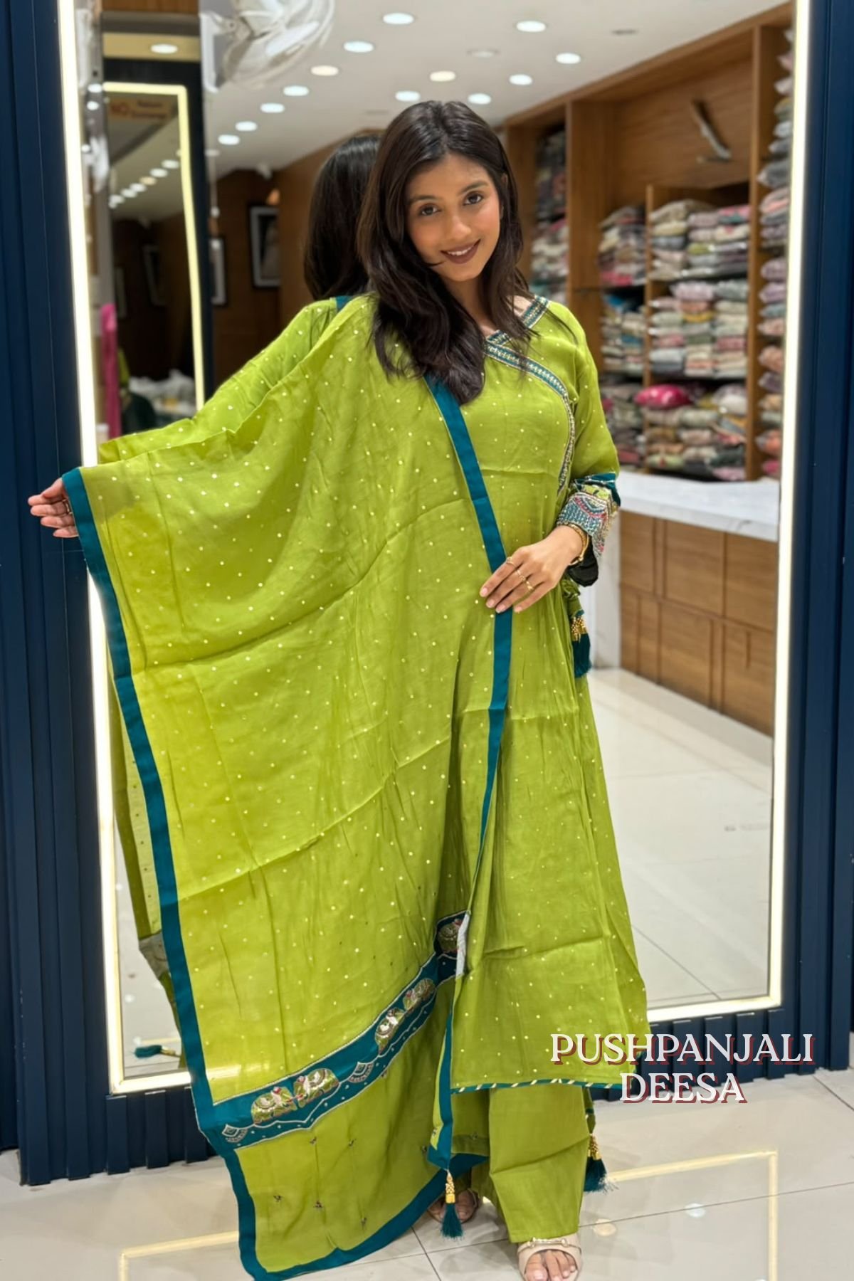 Rakshabandhan Special Parrot Green Embroidered Anarkali Kurta Pant Dupatta Set - Image 3