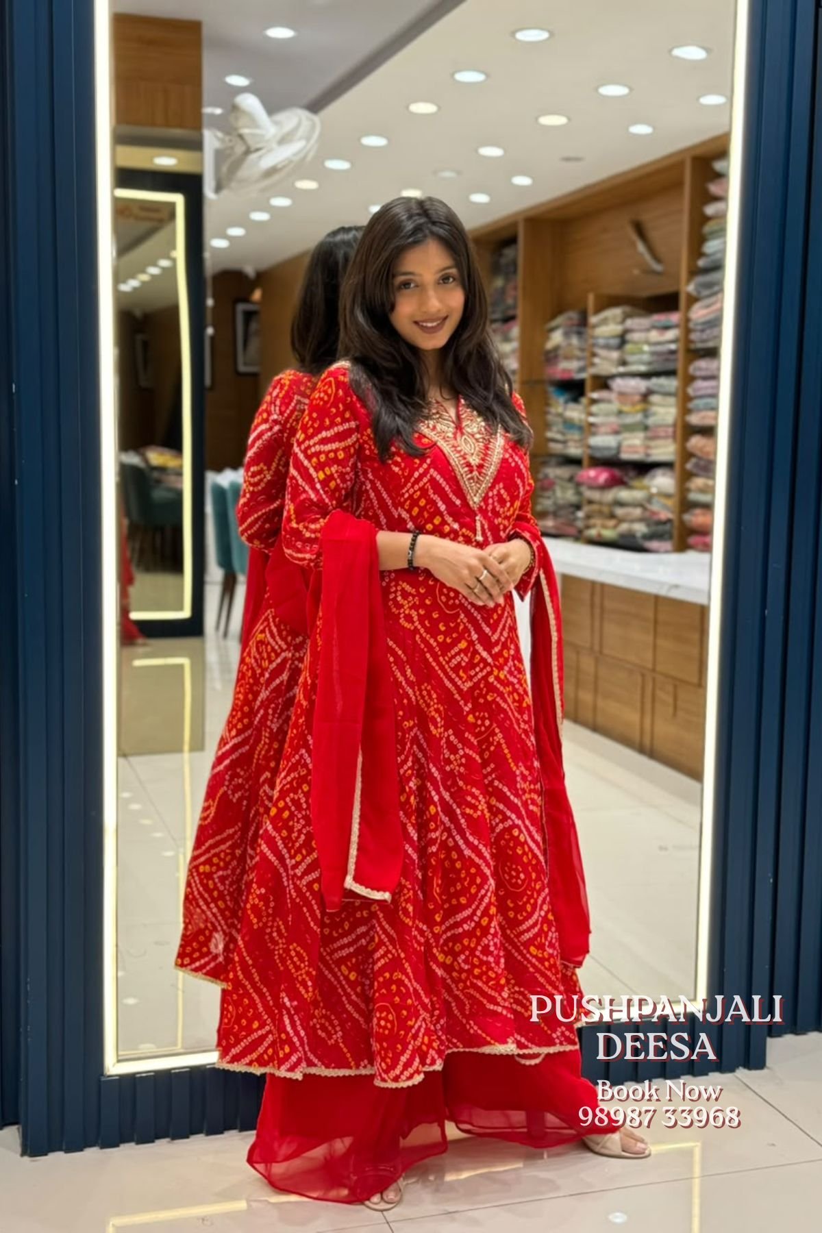 Red Bandhani Print Embroidered Anarkali Kurta Pant Dupatta Set - Image 3