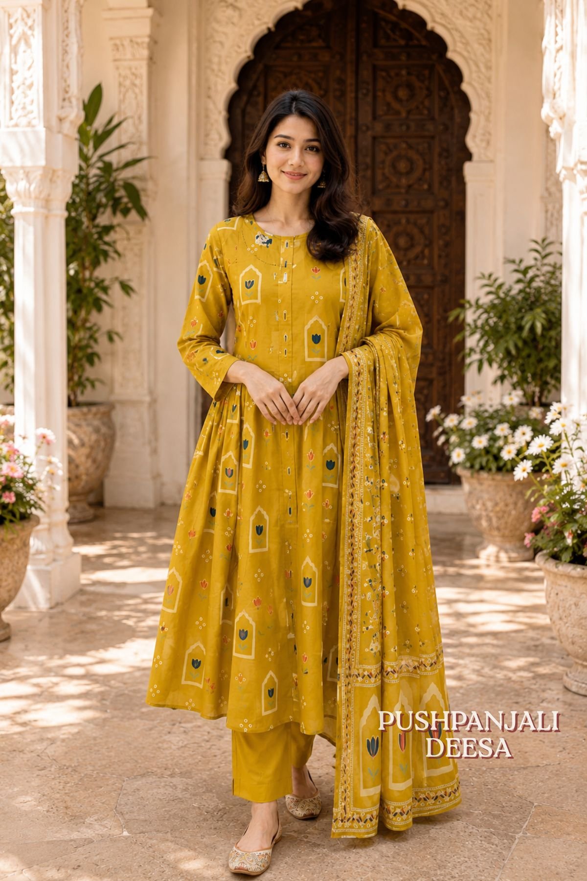 Mustard Yellow Printed Cotton Anarkali Kurta Pant Dupatta Set - Image 2