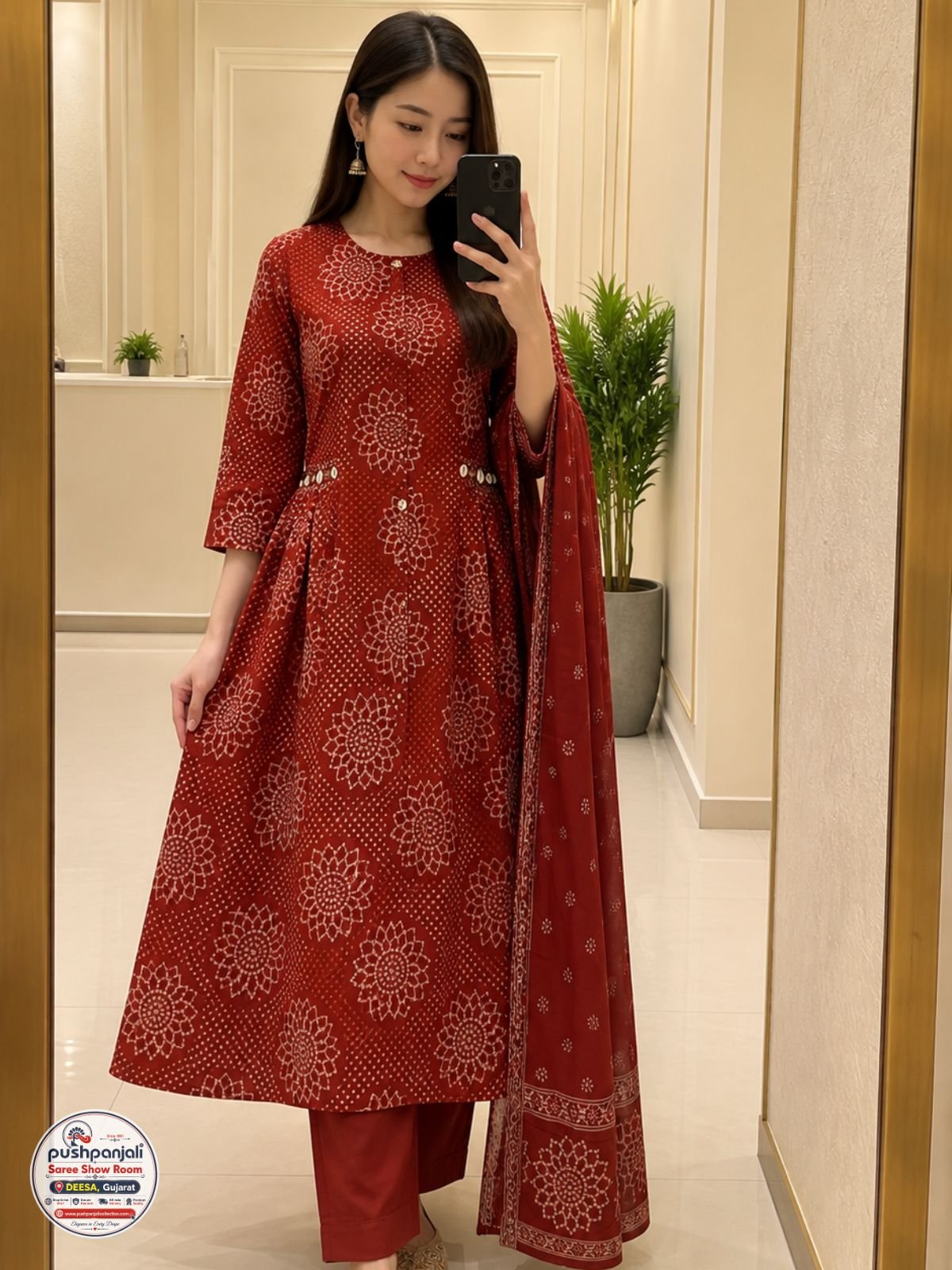 Maroon Floral Printed Cotton 3-Piece Ethnic Suit Set - Image 2