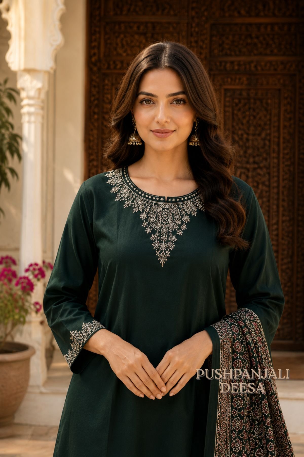Bottle Green Gaggy 3-Piece Suit Set with Embroidered Kurta & Printed Dupatta - Image 2