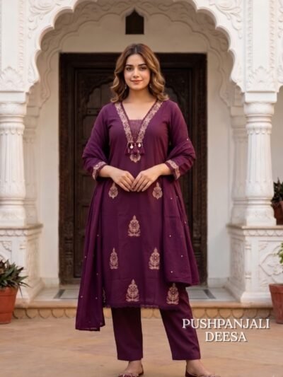 Wine Purple Embroidered 3-Piece Set