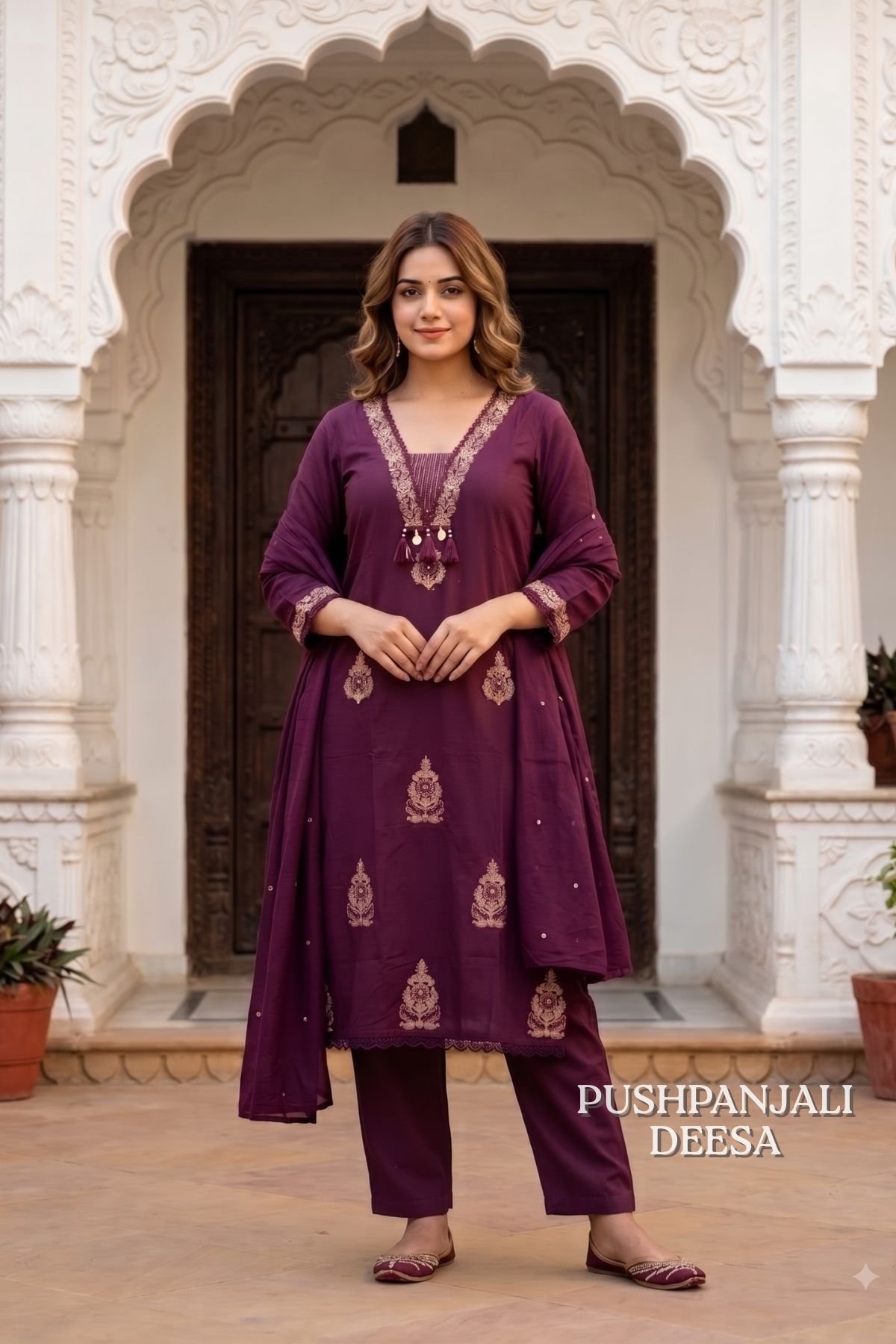 Wine Purple Embroidered 3-Piece Set