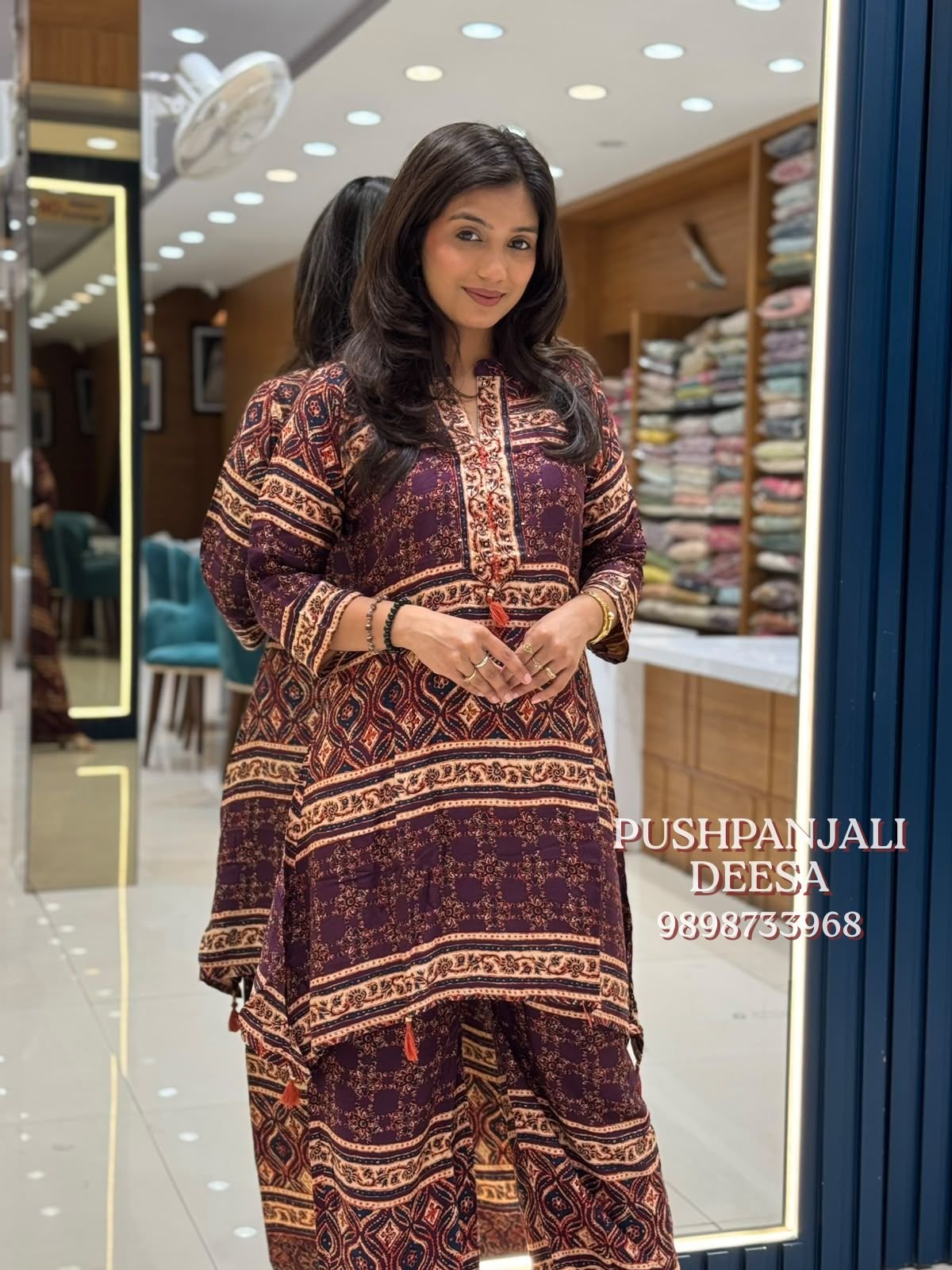 Wine Printed Gaggy Silk 2-Piece Co-Ord Set
