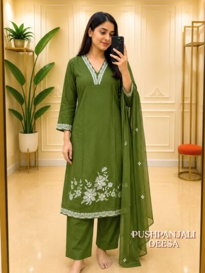 Olive Green Embroidered Kurta Pant Dupatta Set