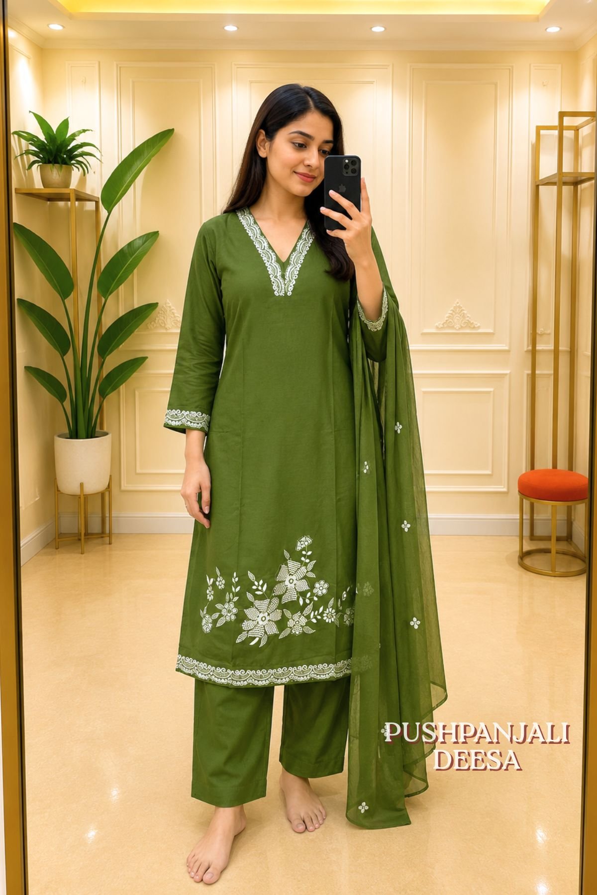 Olive Green Embroidered Kurta Pant Dupatta Set