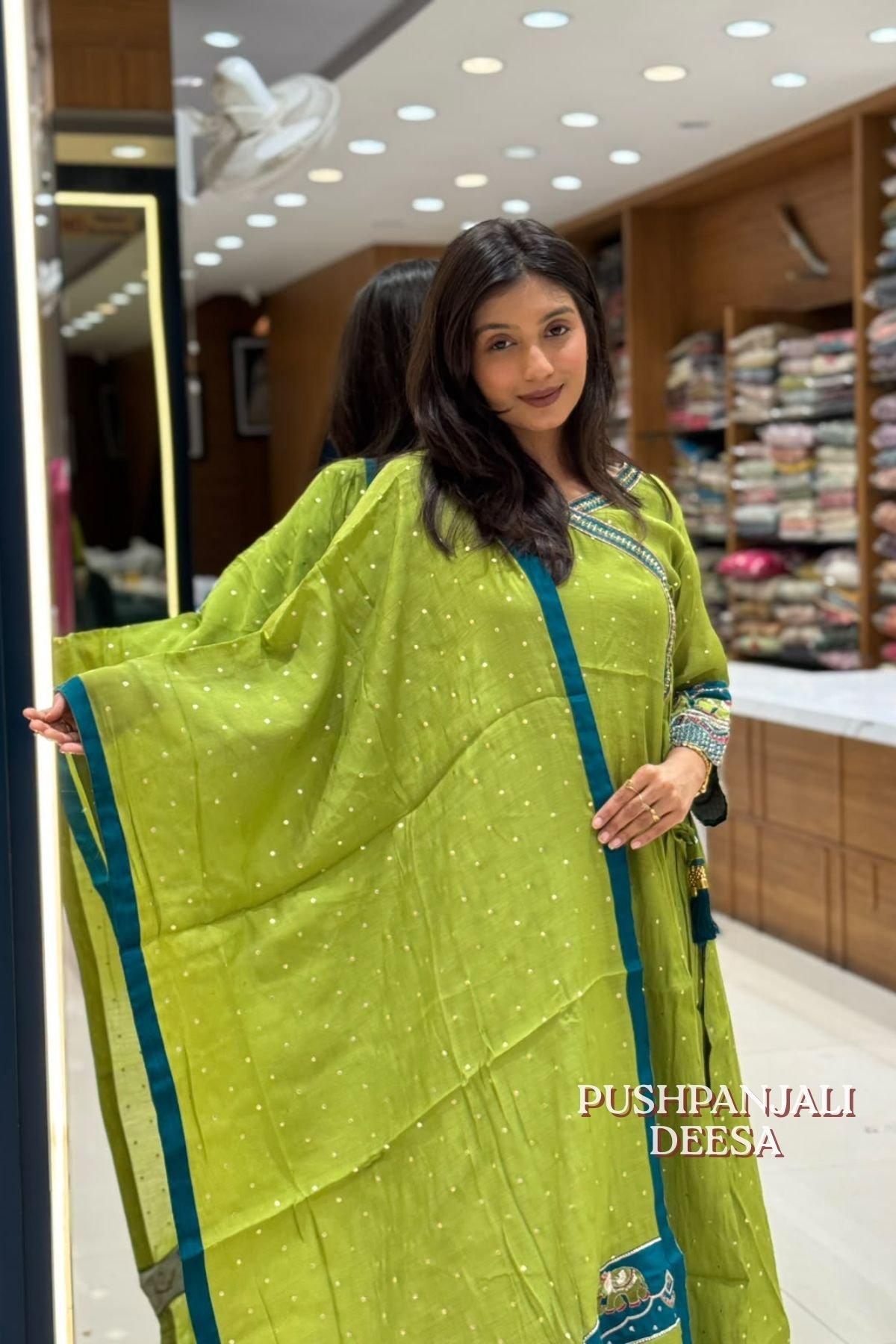 Rakshabandhan Special Parrot Green Embroidered Anarkali Kurta Pant Dupatta Set - Image 4