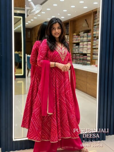 Pink Bandhani Print Embroidered Anarkali Kurta Pant Dupatta Set