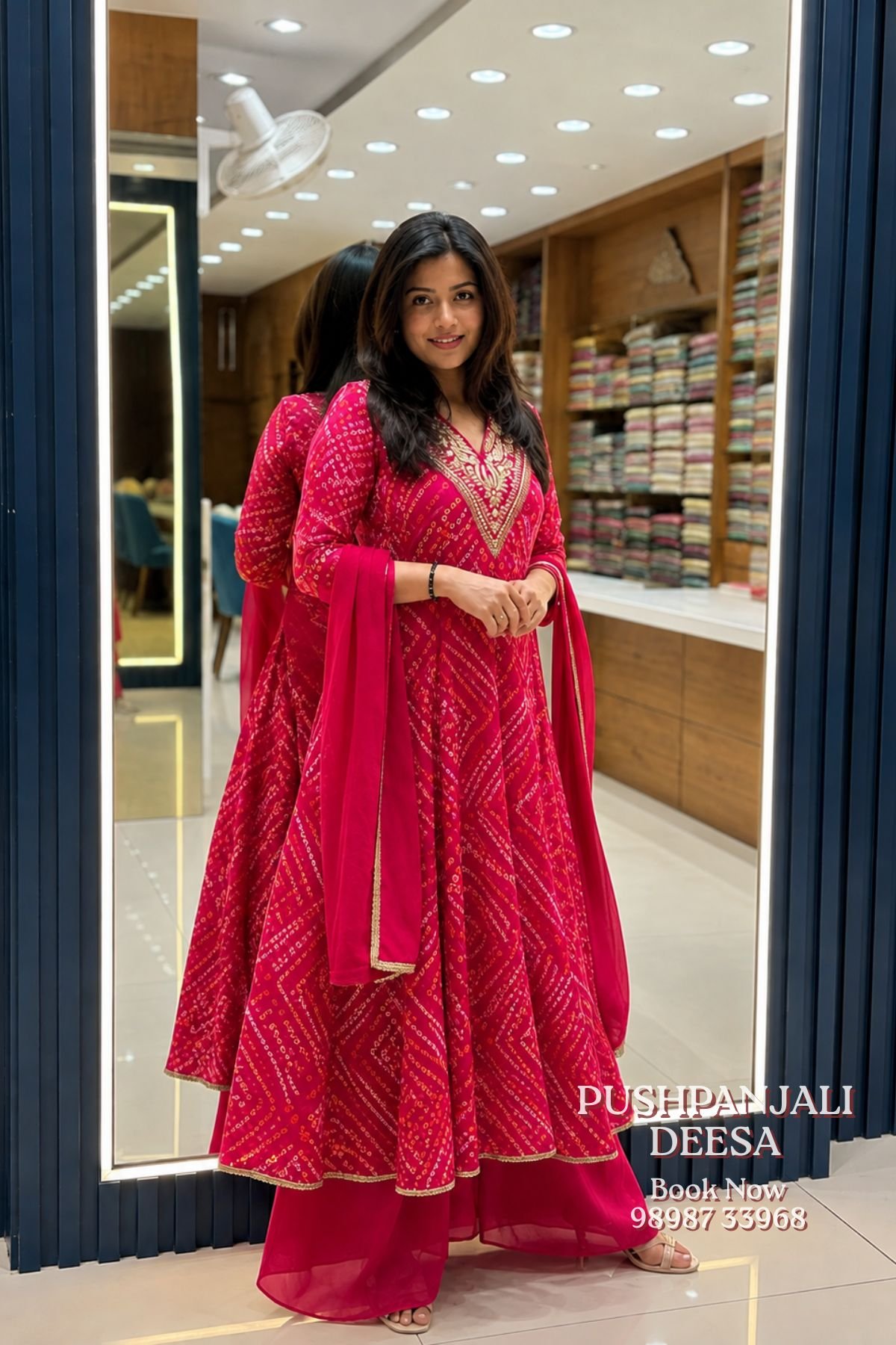 Pink Bandhani Print Embroidered Anarkali Kurta Pant Dupatta Set