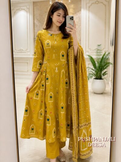 Mustard Yellow Printed Cotton Anarkali Kurta Pant Dupatta Set