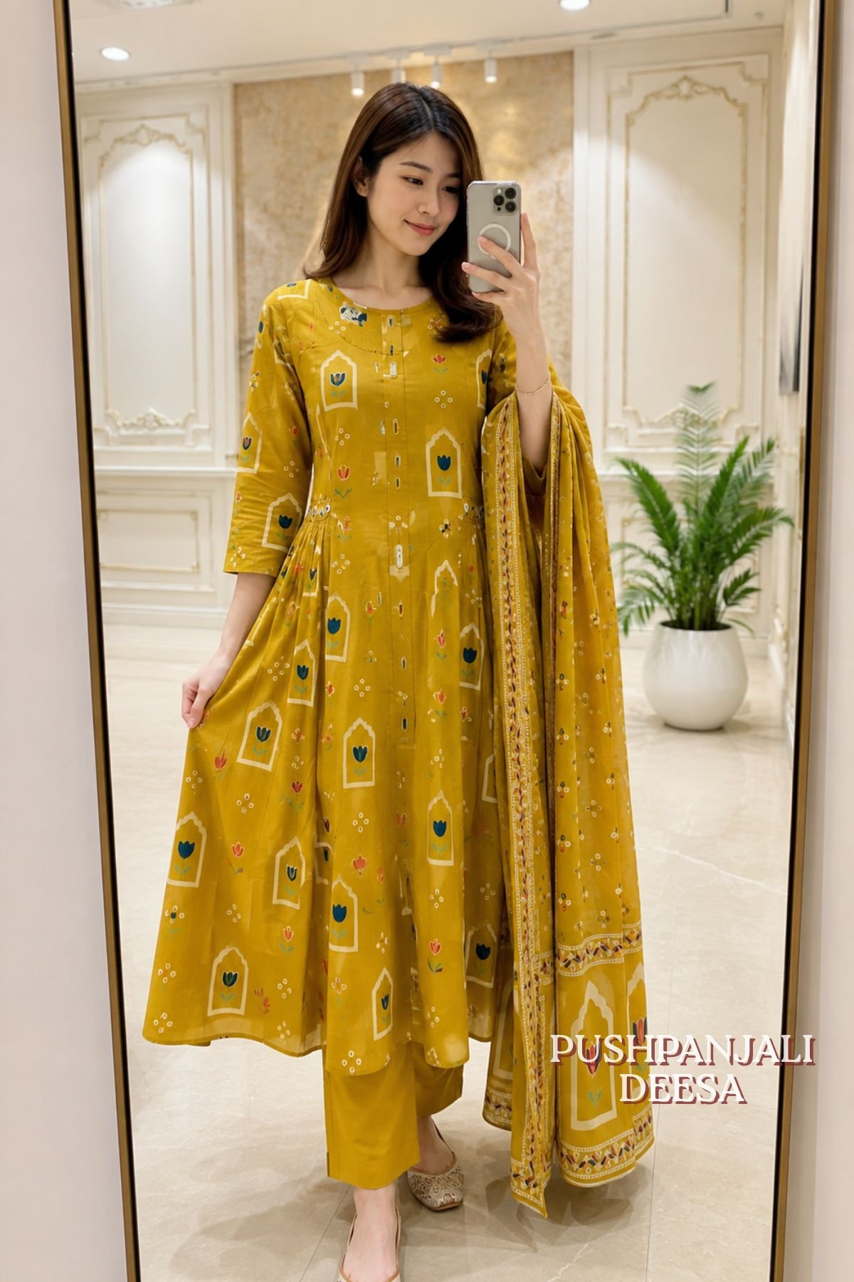 Mustard Yellow Printed Cotton Anarkali Kurta Pant Dupatta Set