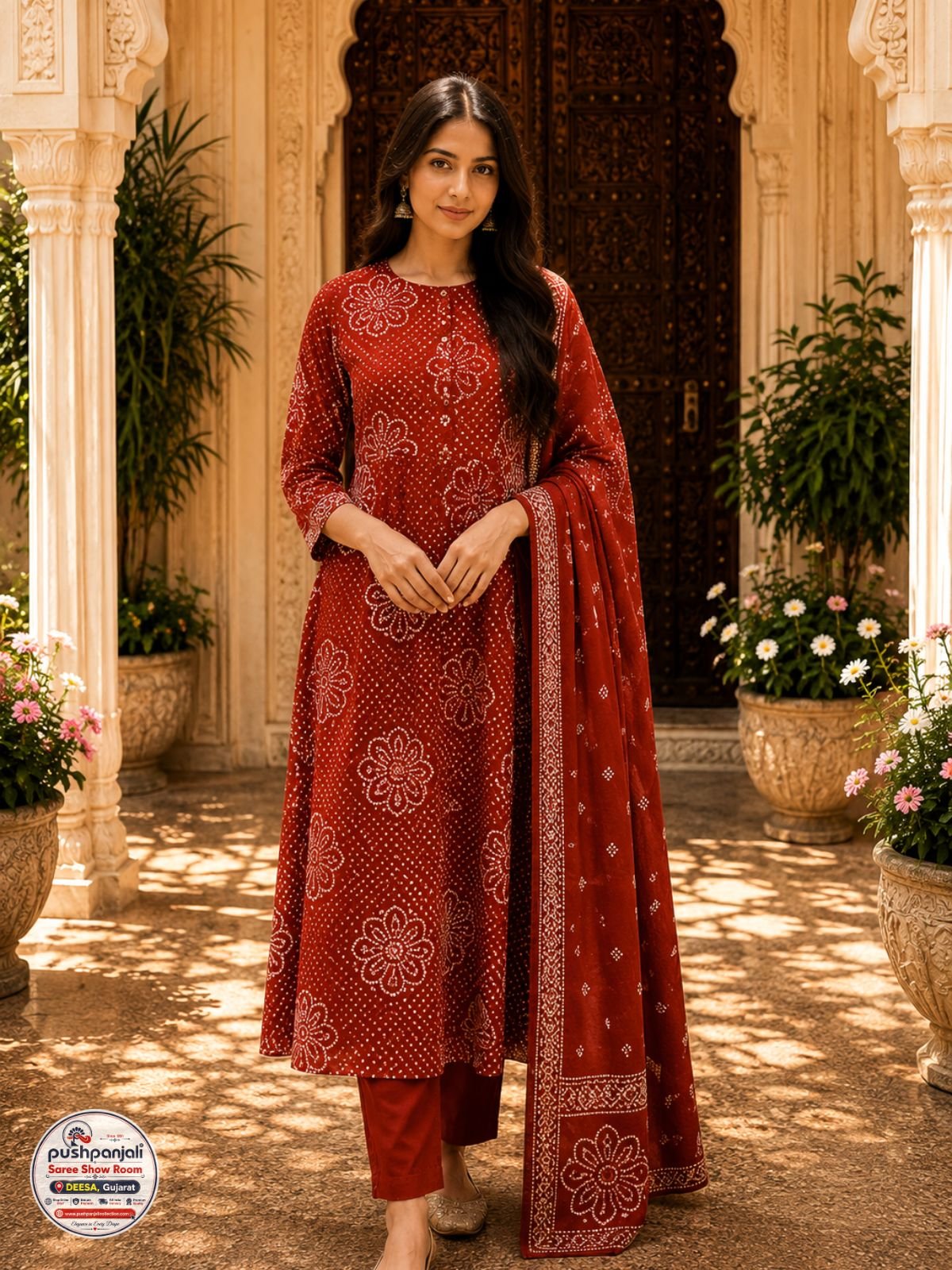 Maroon Floral Printed Cotton 3-Piece Ethnic Suit Set