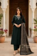 Bottle Green Gaggy 3-Piece Suit Set with Embroidered Kurta & Printed Dupatta