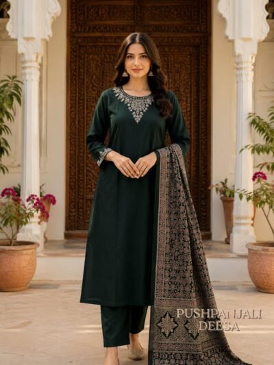 Bottle Green Gaggy 3-Piece Suit Set with Embroidered Kurta & Printed Dupatta