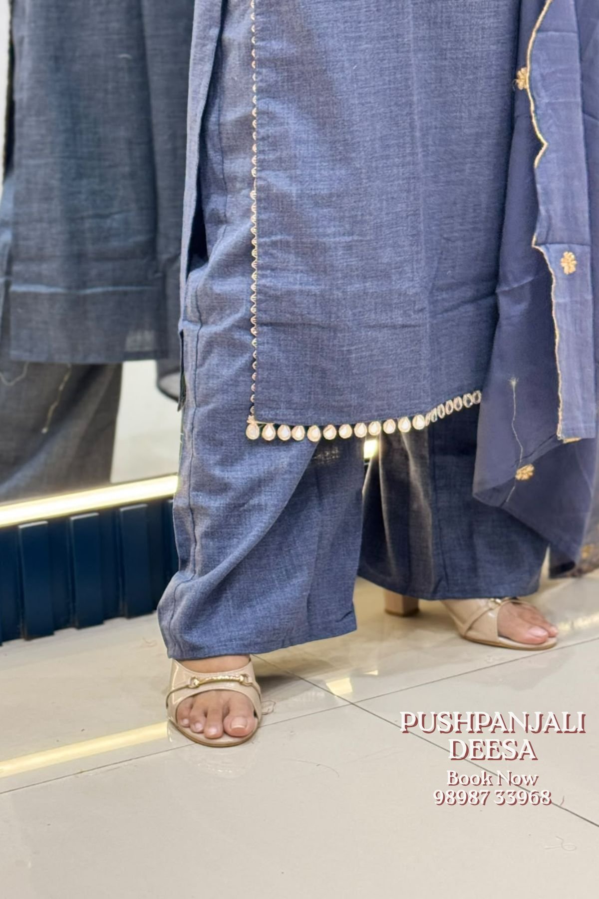 Steel Blue Embroidered Cotton Kurti Pant Set with Dupatta | Premium Imported Fabric - Image 2