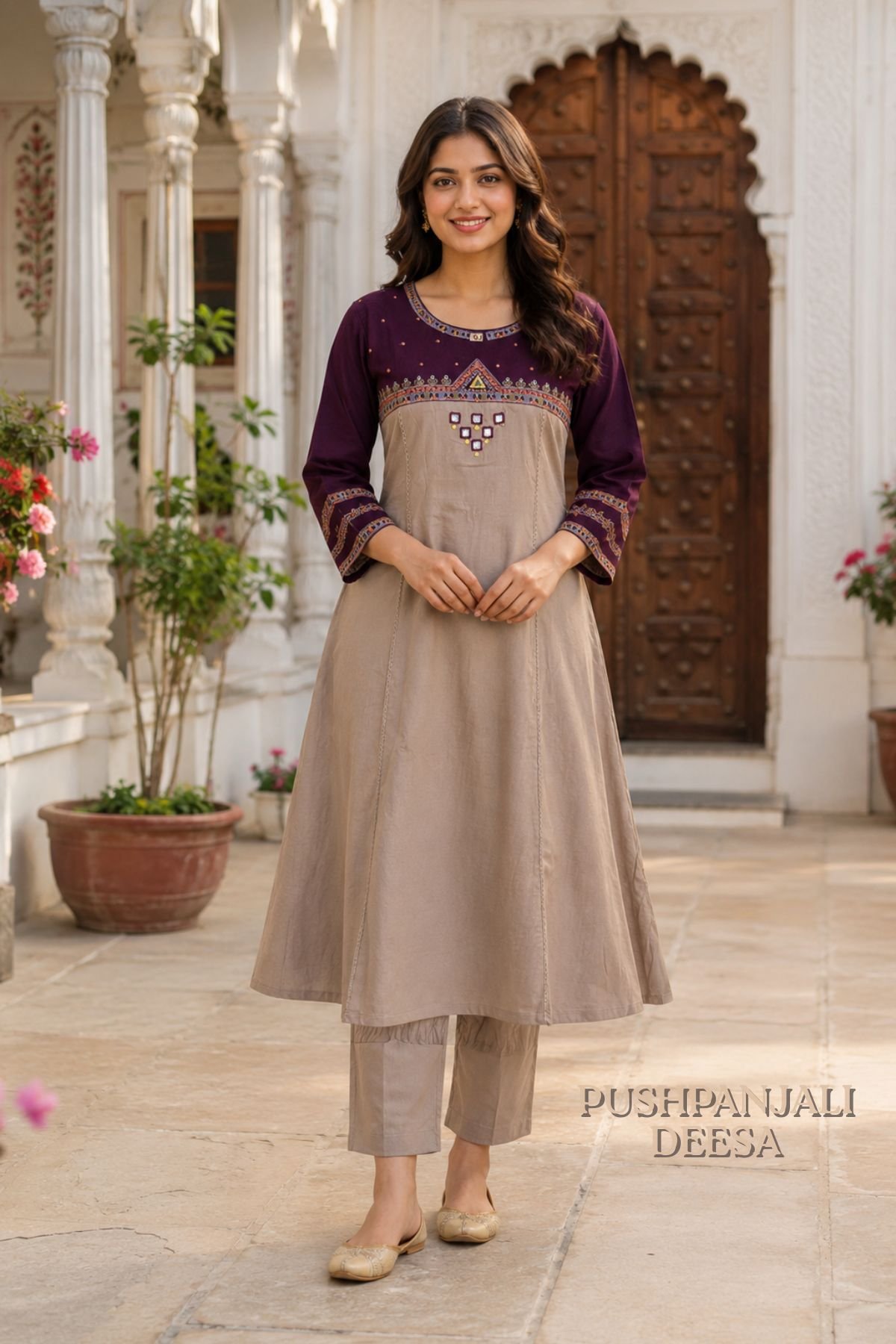 Wine & Beige Pure Rayon 2-Piece Set