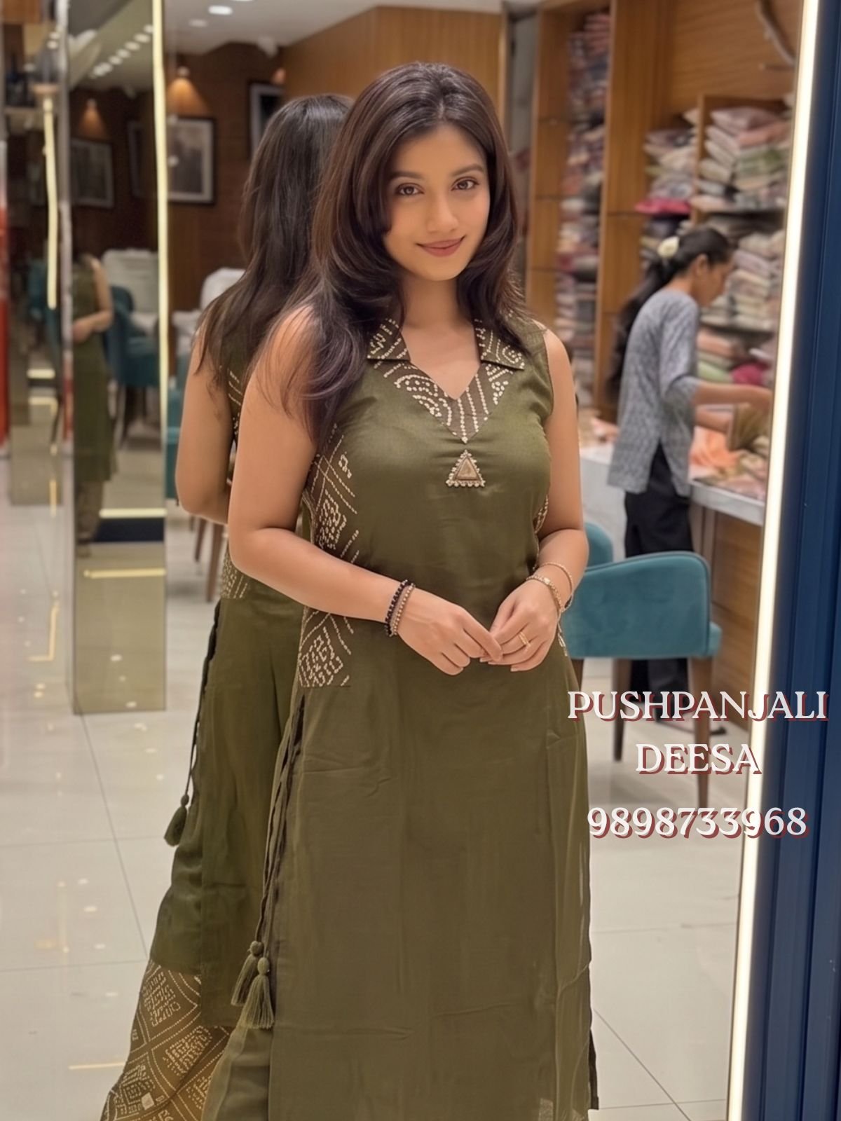 Olive Green Designer Mashru Gaggy Suit Set - Image 2