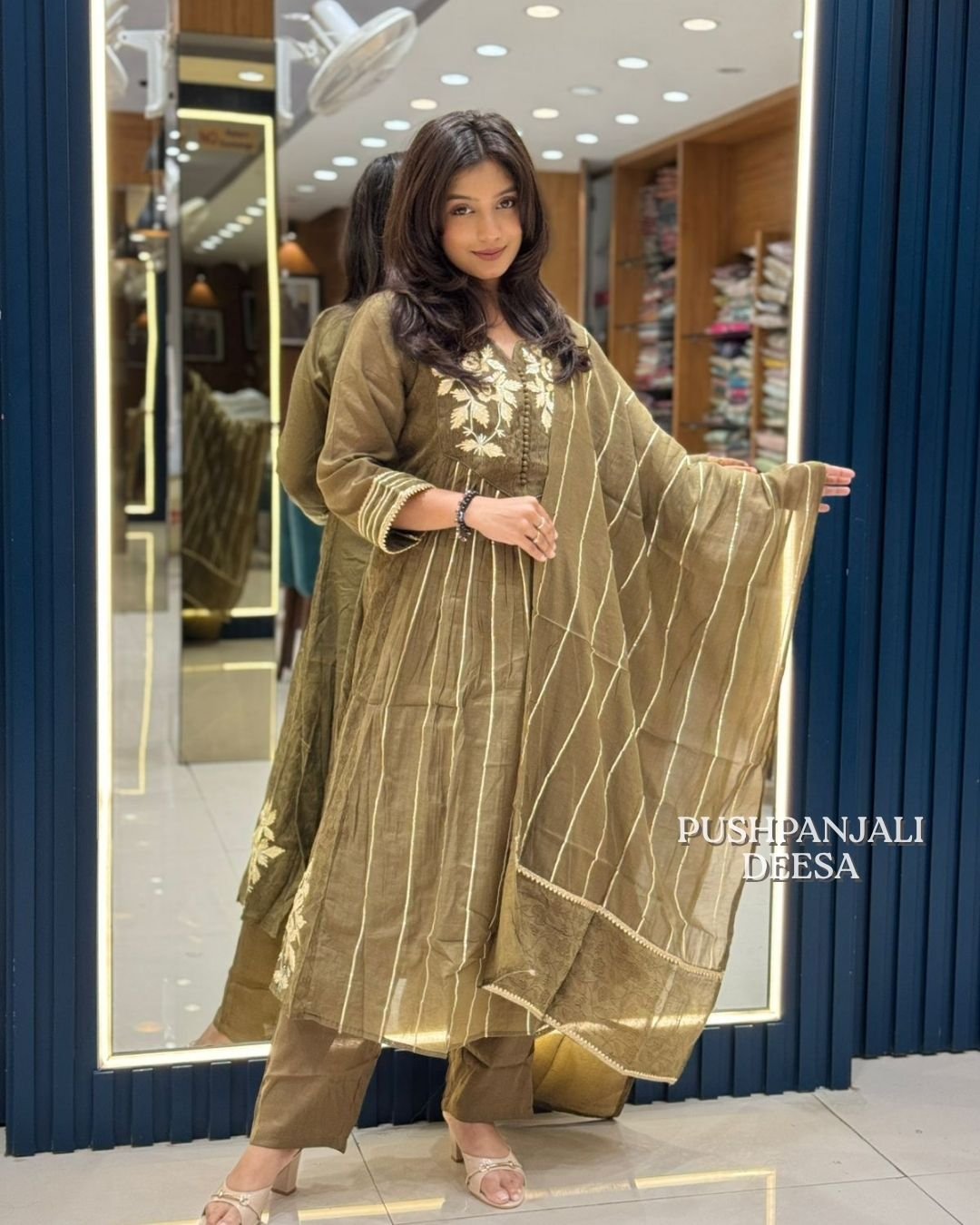 Olive Green Mul Chanderi Suit Set