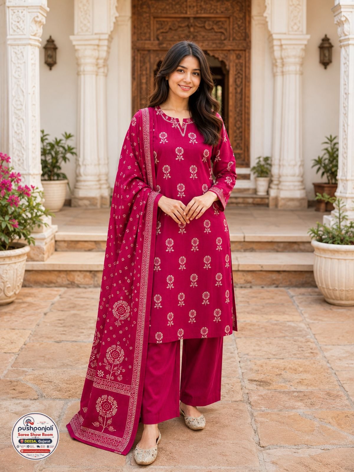 Magenta Printed Kurta Pant Set with Dupatta - Image 2