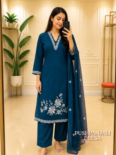 Teal Blue Embroidered Kurta Pant Dupatta Set