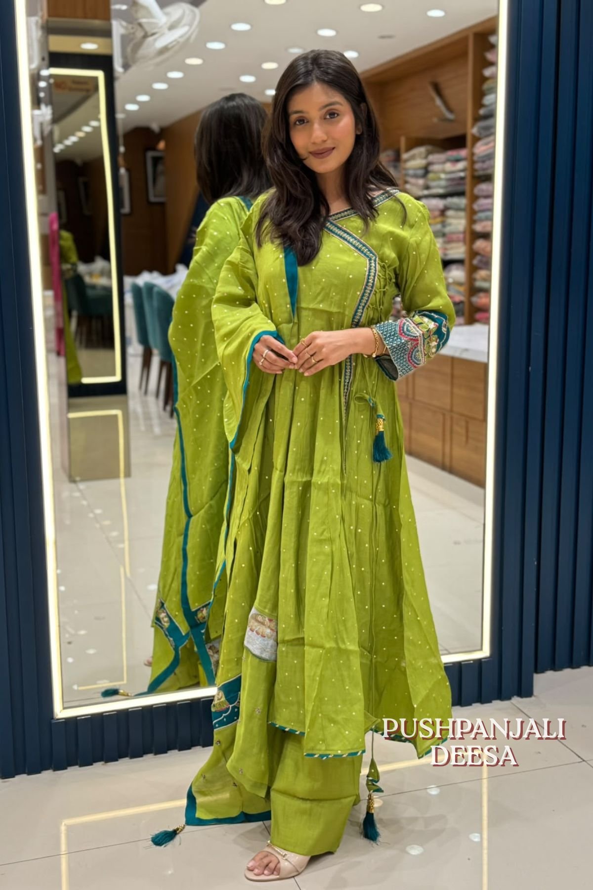 Rakshabandhan Special Parrot Green Embroidered Anarkali Kurta Pant Dupatta Set